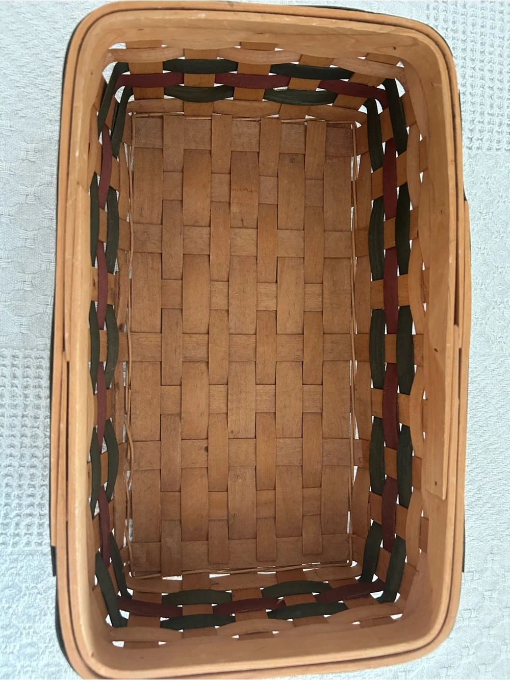 Handwoven Natural Wood Tray Basket with Green and Red Accents